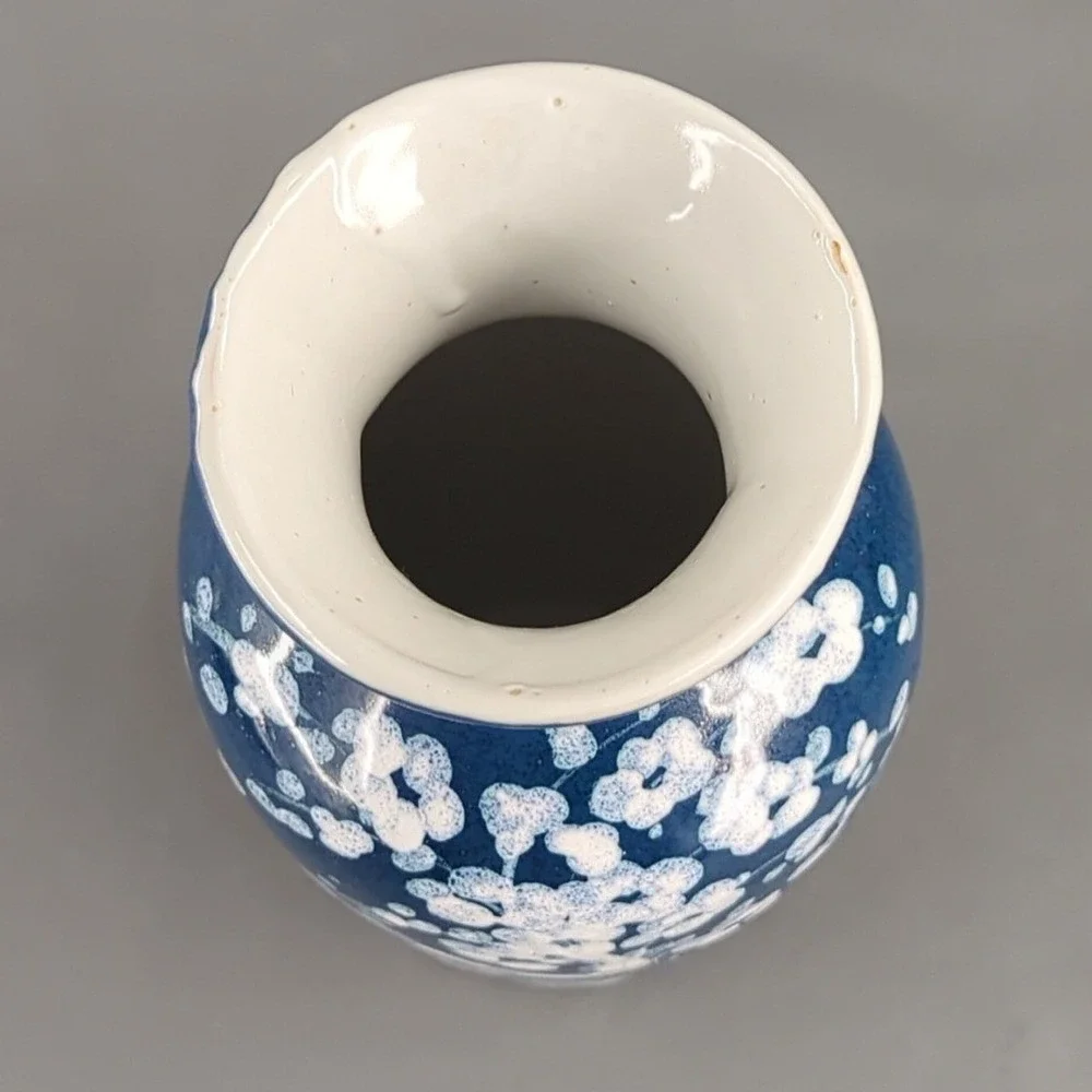 Blue Ceramic Floral Bud Vase White Cherry Blossom 8 Inch Pottery Decor
